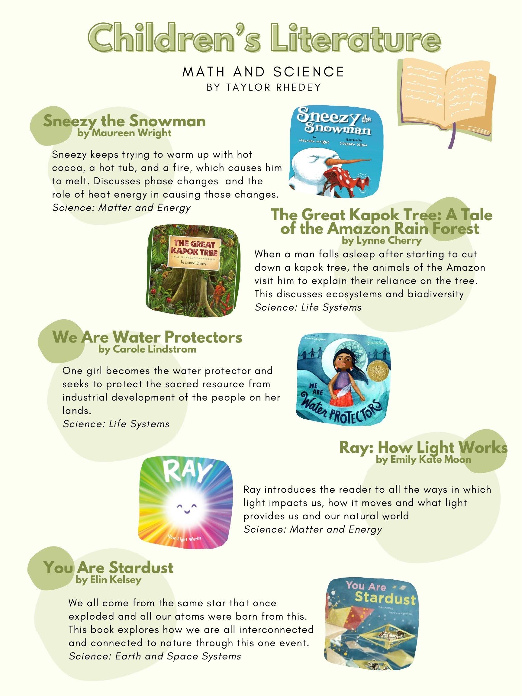 Children's literature poster featuring science-themed book recommendations.